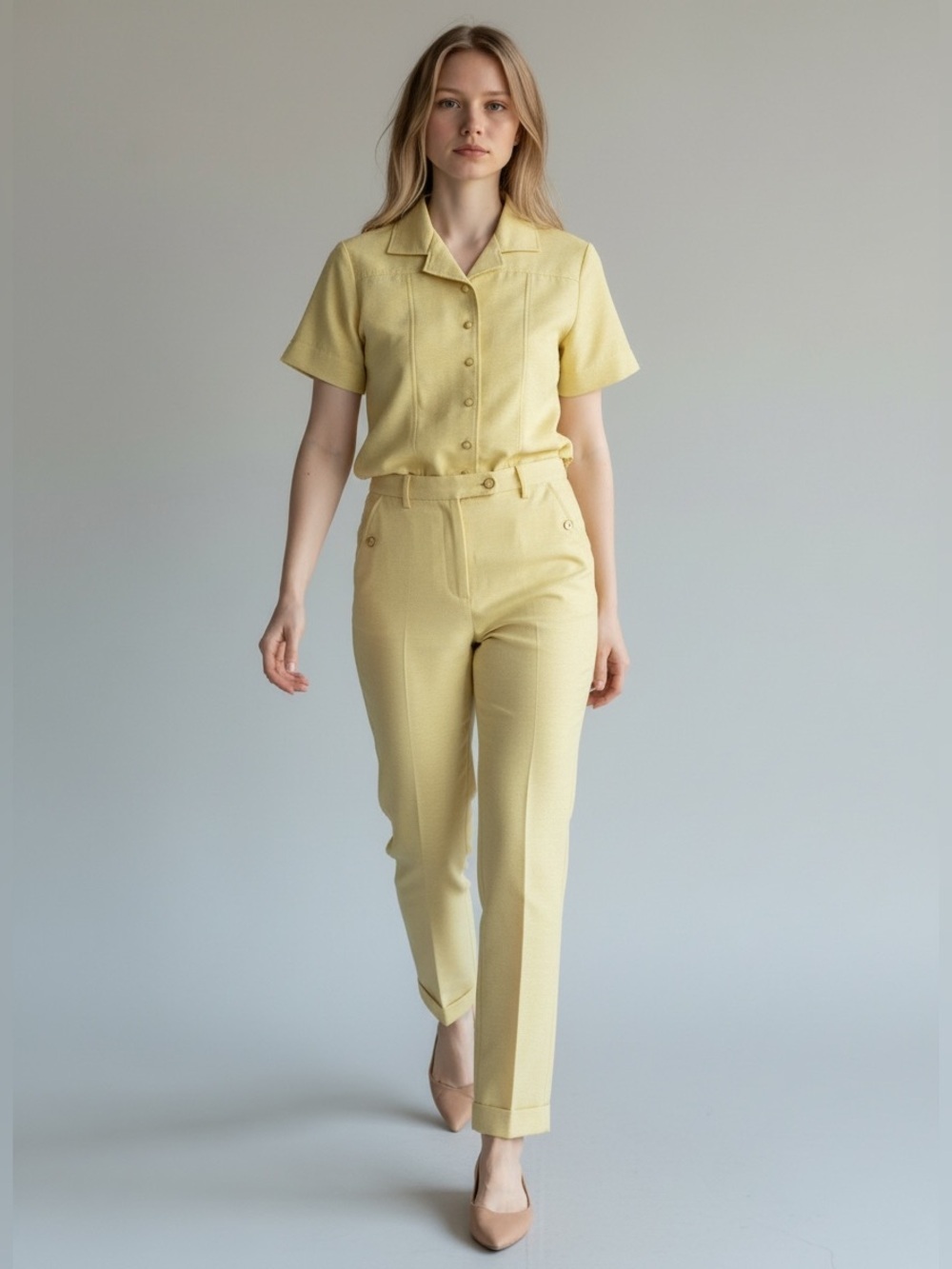 Vintage Yellow Pantsuit Blazer Trousers Matching Set Size 8 Petite